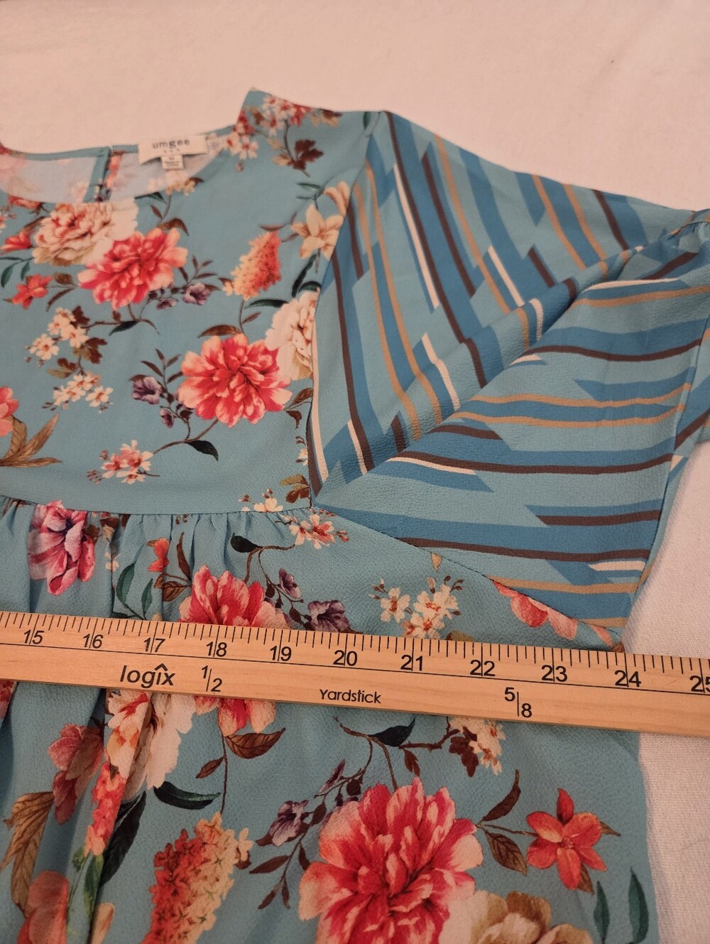 UMGEE Teal Blue Floral Multicolor Print Balloon Sleeve Scoop Neck Tunic Dress M - Picture 10 of 13